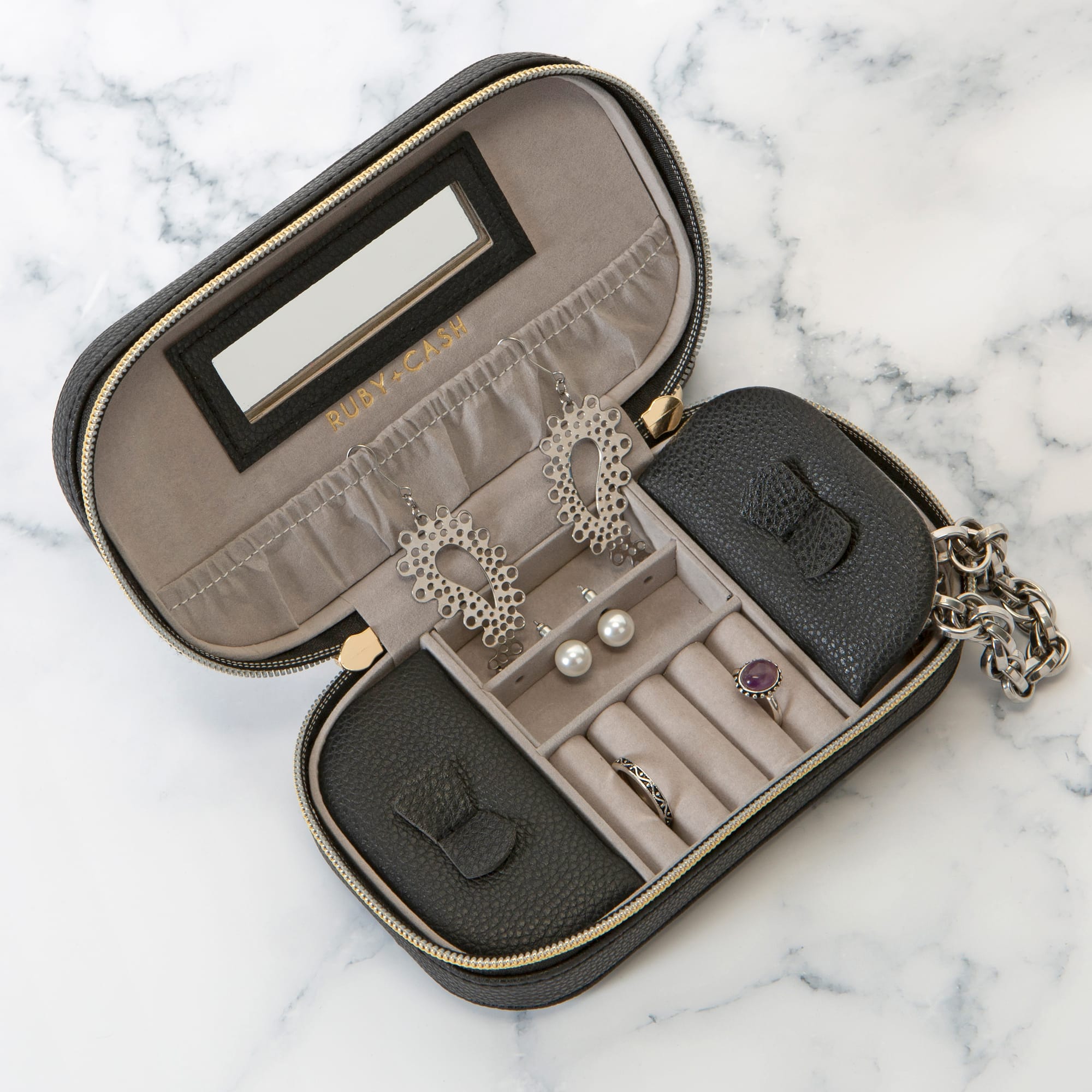 Ruby + Cash Black Faux Leather Zippered Travel Jewelry Organizer Box